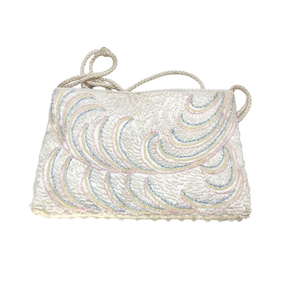Vintage Satin Beaded White Pastel Rainbow Evening Bag Shoulder Strap Prom Formal